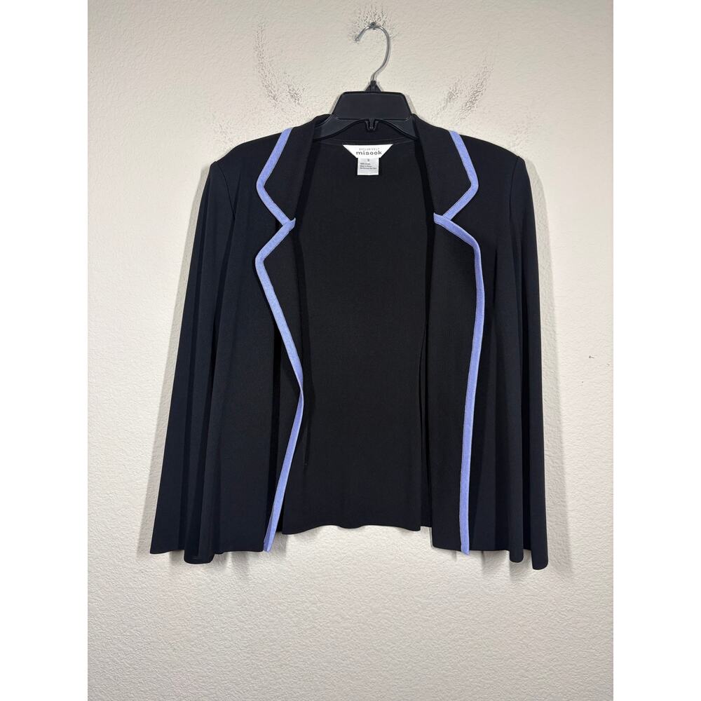 Exclusively Misook SmallOpen Front Cardigan Jacket Black Purple Trim Knit